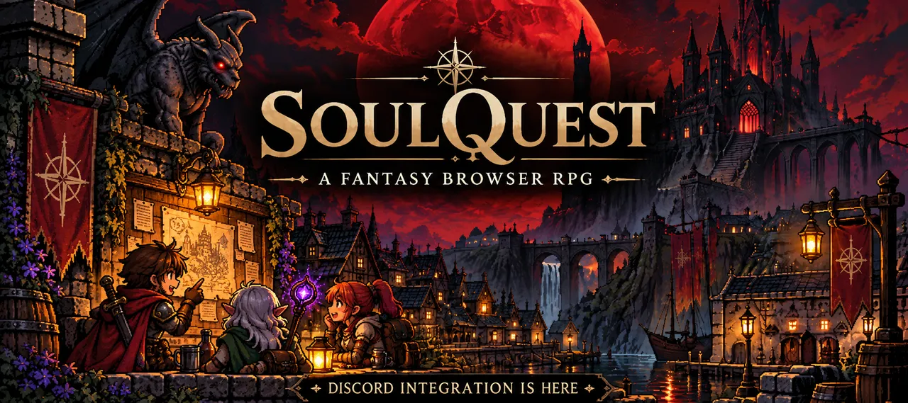Three adventurers gather at ShireStone’s noticeboard beneath the red moon. SoulQuest: Discord Integration Is Here.