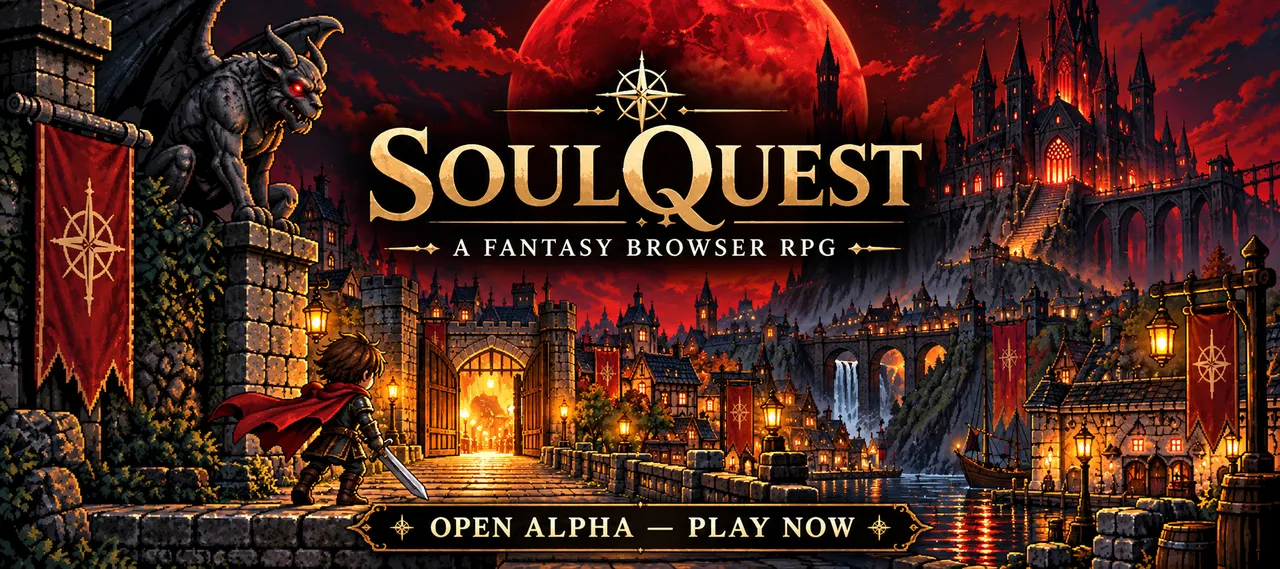An adventurer approaches ShireStone’s open gates beneath a crimson moon. SoulQuest: Open Alpha — Play Now.